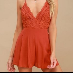 Lulus Star Spangled Rust Red Backless Lace Romper